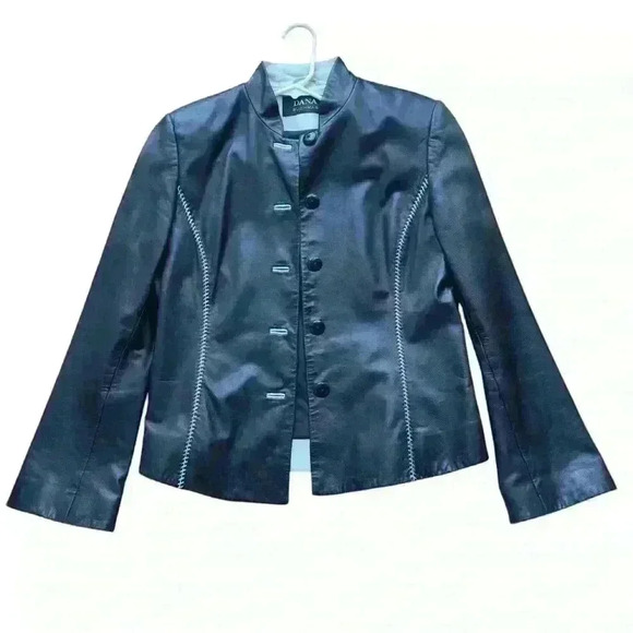 Dana Buchman Black Leather Jacket Size 10 Button Front Accent Stitching - Picture 1 of 8